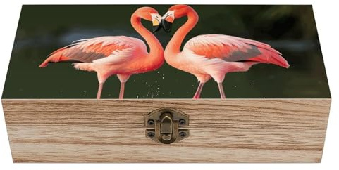 Caja de madera para guardar objetos, diseño retro de flamencos besándose en el lago, caja de recuerdos con cerradura con bisagras, contenedor para guardar joyas, caja de regalo de madera para guarda