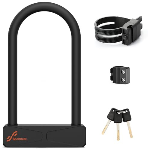 Sportneer Bike Lock - 16mm Shackle Heavy Duty Anti Theft Bike U Lock with 3 Keys - Bicycle U-Locks with Sturdy Mounting Bracket for Bike Scooter Gate, Size 8.7''x5.9'', Weight 2.45lbs