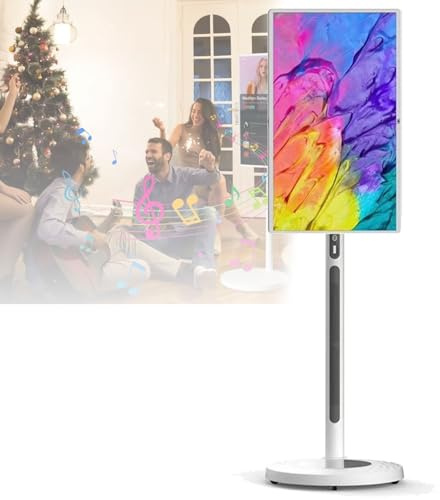 Oiyekntd 32 inch 4K Smart Portable TV, 8G +128G Storage, Android 13 OS, 15000mAh, Rolling TV on Wheels with Rotatable Touch Screen, Built-in Battery, Full Swivel Rotation, Voice Remote White