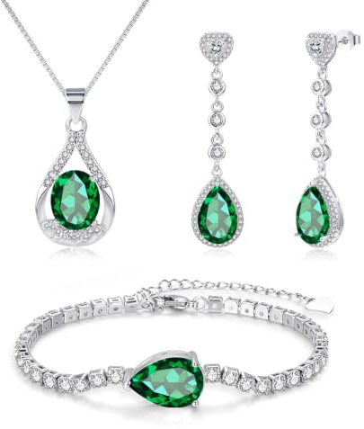Zecimi Schmuck Set Damen, Tropfen Silber Ohrhänger & Halskette & Armband | Schmuckset mit Farbig Zirkonia Kristall, 925 Sterling Silber Hypoallergen Brautschmuck für Damen, Modeschmuck für Frau