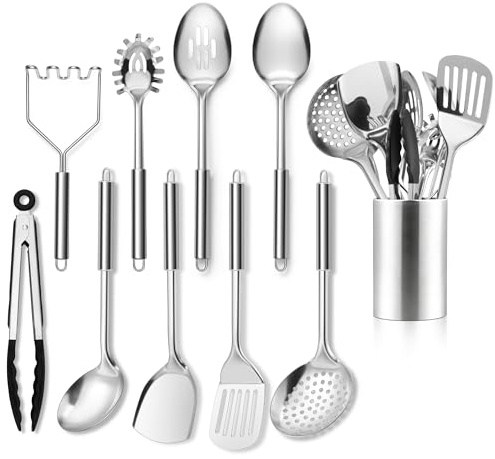 Joyfair 10 Stück Edelstahl Küchenhelfer Set mit Utensilienhalter | Hitzebeständig Küchenutensilien zum Kochen und Backen, Rostfrei & Spülmaschinenfest, Einfaches Abtropfen & Aufbewahren