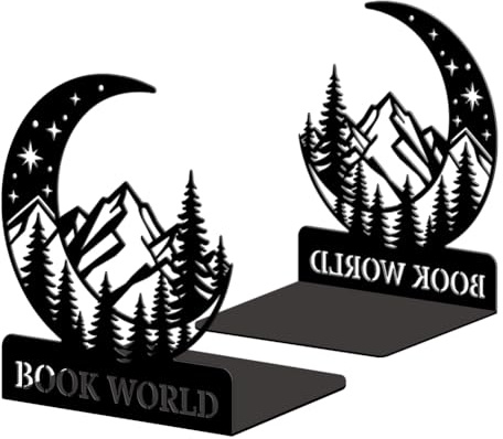 Peacoblue Buchstützen Metall,Mond & Berge Buchstütze Dekorativ für Bücher | 1 Paar 5.3x4.3x6.3 schwere Gusseisen Buchhalter, Stabile Buchstopper für Bücherregal, Schreibtisch, Büro und Wohnraum