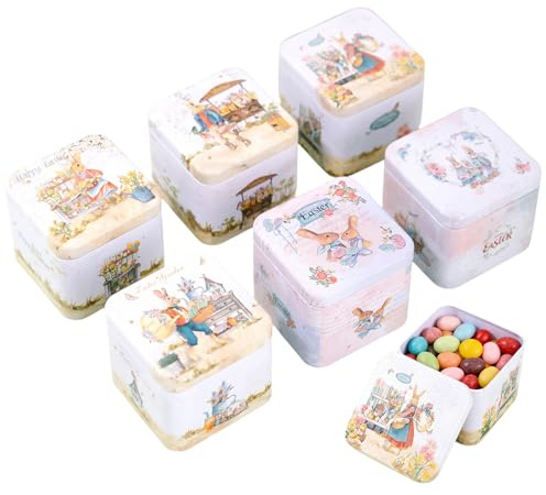 Generisch Latas para galletas, 6 unidades, con diseño de conejos y, cajas de dulces metálicas para guardar golosinas, para las vacaciones de primavera, bodas y