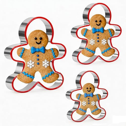 Set di 3 formine per biscotti a forma di omino di pan di zenzero, in acciaio inox, con bordo rosso, per San Valentino, compleanni, Natale (9 cm, 11 cm, 13 cm)