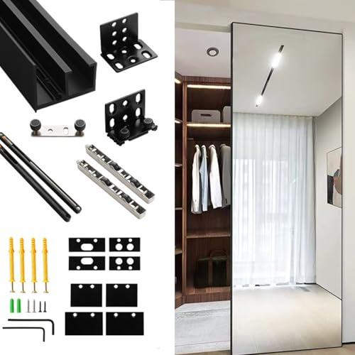 rail porte coulissante Rail de Porte Coulissante Dissimulé avec Miroir, Quincaillerie Robuste Porte Placard, Guide Porte Coulissante Aluminium Glissement Fluide(Black,44in/111.8cm)