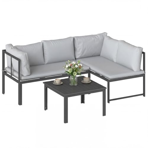 Outsunny Conjunto de Muebles Jardín Exterior de 3 Piezas Resistente Gris | Sofá Exterior Seccional, Forma de L con Cojines, 2 Sofás de 2 Plazas, Reposabrazos Ajustables, Mesa Centro de Listones