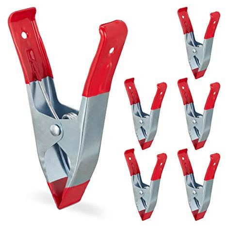 Relaxdays Klemmzwingen Metall, große Federzwingen im 6er Set, Spannweite 50 mm, Foto, Pool, Leimklemmen 145 mm, rot