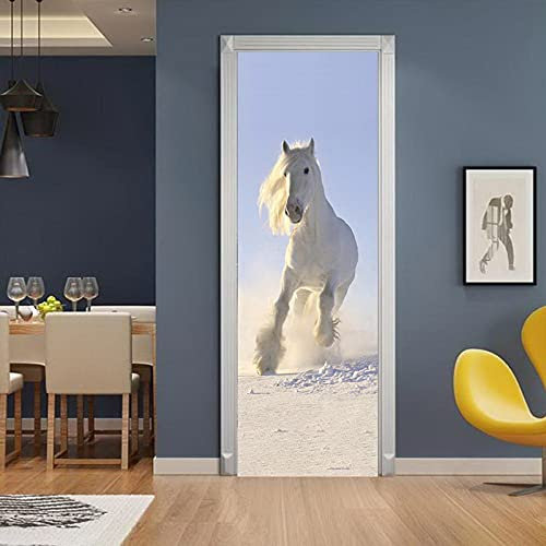A.Monamour Türtapete Selbstklebend Türfolie Türposter 3D Weißes Pferd Das Im Schnee Winter Tier Thema Läuft Vinyl Folie Türdeko Tapete Wandbild Türaufkleber Türtattoo 90 x 200 cm