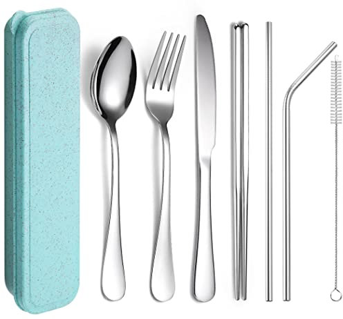 XIAOYU Ensemble d'ustensiles portables 7 pièces, ensemble de couverts de camping de voyage, ensemble de couverts en acier inoxydable, y compris couteau/fourchette/cuillère/baguettes/paille, argent