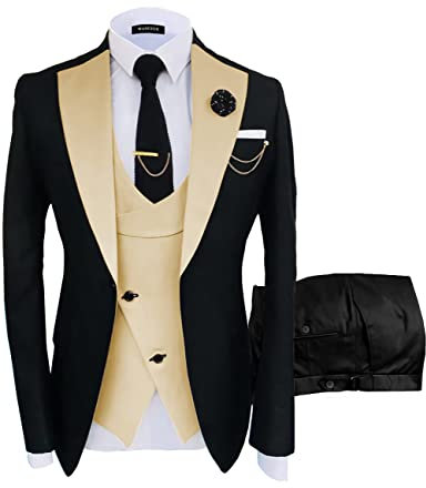Wangyue Herrdräkter modedräkter smal passform 3 delar blazer väst byxor bröllop bal kostym set, V-champagne-svart, XS