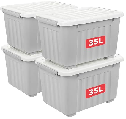Cetomo 35L*4 Aufbewahrungsboxen, Rillen-verstärkte Kunststoffboxen mit Rollen & Deckeln, Stapelbare Aufbewahrungskiste, Ordnungsboxen für Zuhause und Büro, PP, Grau, 35L (4er Pack)
