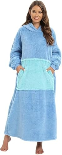 Coperta Indossabile con Maniche Felpe Gigante Coperta Pile con Tasca Frontale e Cappuccio TV Felpa Plaid Animale Divano Pigiama da Festa Donna Uomo Invernale Peluche Costume Carnevale (Blu)