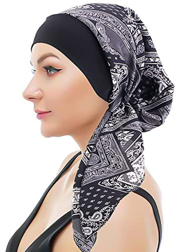 WUERKIYA Kopftuch für Frauen Kopfbedeckung Damen Chemo Kopfbedeckung Im Voraus Gebunden Set Plissiert Headwrap Schals Gap Mütze Damen -Schwarz -2