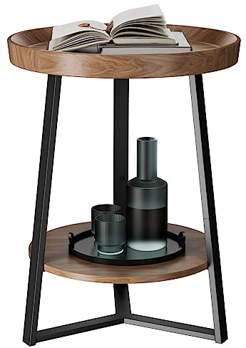 Gadroad Round End Table with Storage Shelf, 2 Tier Farmhouse Side Table Nightstand for Living Room, Bedroom, Wood Tabletop & Black Metal Frame, Brown 15.7 * 15.7 * 23.0inches
