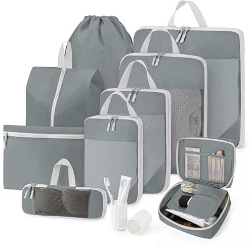Koffer Organizer Kompression 10-teiliges Set Packing Cubes Compression Packwürfel Kompression Kofferorganizer Packtaschen Reise Gadgets Travel Essentials (Grau)