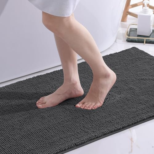 OLANLY Chenille Badematte rutschfest Badezimmerteppich Groß, 60x120 cm | Waschbar Weich Badteppich Badvorleger Saugfähige Duschvorleger Badezimmer Deko, Dunkelgrau
