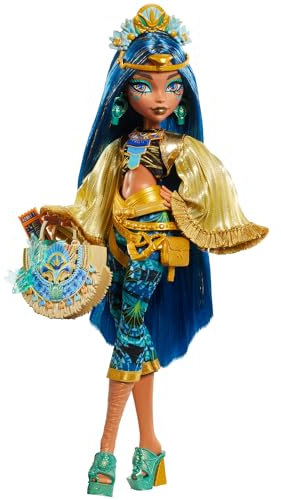 Monster High Cleo De Nile-Puppe mit glamourösem Festival-Outfit und Festival-Zubehör wie Snacks, Bandposter, Statement-Tasche und mehr, HXH81