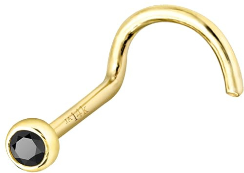 Jewelry Avalanche Solid 14K Yellow Gold Nose Screw Stud Bezel Set 1.5mm Black Diamond 22G Cork-screw Nose Stud - April Birthstone Nose Ring Stud NSBZ-BD15YG