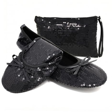 Silky Toes Women's Foldable Sequin Shoes Dressy Ballet Flats Roll Up Slipper Shoe with Matching Carrying Pouch, Black-XL