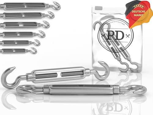 PD® Spannschloss M8 Edelstahl A4 (Haken-Haken) | Seilspanner Sonnensegel ROSTFREI | Drahtspanner mit Spannschraube | Spannhaken für Segel Befestigung, Wäscheleine & mehr | Drahtseil Spanner | 4 Stück