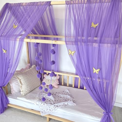 Baby Fancyroom Hausbett Himmel lila Betthimmel Deko Set Kinderzimmer Kinderbett Baldachin Pompongirlande aus Premium Tüll für Hausbetten (340cm, mit 5 goldenen Schmetterlingen)