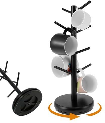 Alongen 18 Inch Coffee Mug Tree with 8 Hooks Bamboo Wood Mug Holder for Counter 360° Rotated Coffee Cup Holder Space Saving Coffee Mug Rack Organizer Stand for Kitchen Countertop Cabinet Coffee Bar