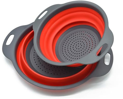 Faltbar Seiher, 2er Rot Silikon Sieb Platzsparend Küchensieb Klappbar Nudelsieb Zum Waschen von Obst und Gemüse, 2 Größe, mit Farbbox