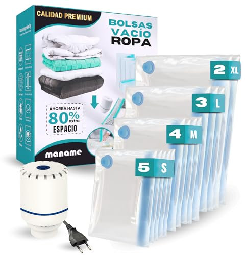 Maname® Bolsas Vacío Ropa - Pack de 14 Bolsas al Vacío para Guardar Ropa con Bomba Eléctrica, Incluye Bolsas Varios Tamaños, Ideales para Viaje - Vacuum Storage Bags