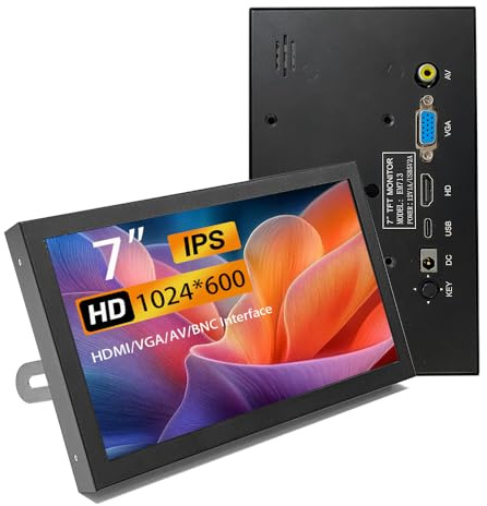 Mini monitor HDMI da 7 pollici, monitor VGA portatile con schermo LCD AV BNC 1024 × 600 con altoparlanti integrati, display IPS multifunzione piccolo per Raspberry Pi PC/TV/DVD/CVBS