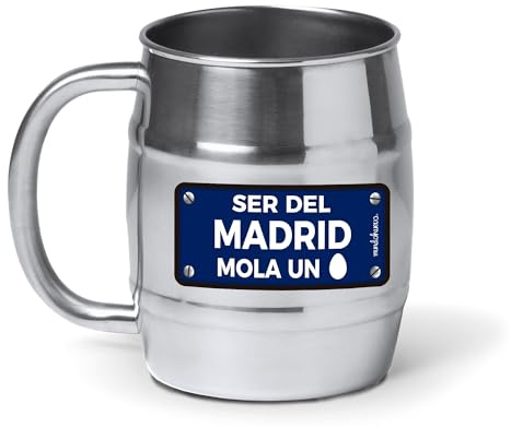 mundohuevo® Jarra de cerveza personalizada acero inoxidable 304 | Regalo original de equipos de futbol | Ser del Madrid mola un huevo color | Color plateado aspecto barril | Capacidad 500 ml.