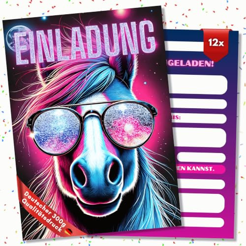 HIDEBLOOM GLITZER Pferde Einladungskarten Kindergeburtstag Mädchen - 12 Stück - DIN A6 (10,5 cm x 14,8 cm) - Einladung Pferde - Geburtstagseinladungen Mädchen Pferd mit Sonnenbrille