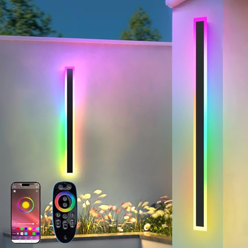 RGB Lange Wandleuchte LED Wandleuchte Außen, 2 Stück RGB/Warmes/Weiß Dimmbare Moderne Wandbeleuchtung, Ip65 Wasserdichte mit Fernbedienung und APP Steuerung für Außen/Innen, Gärten, Villa (60.0cm)