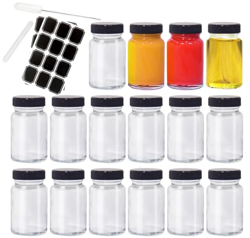 BiBOTLSFLY 2oz 16 Pack Glass Shot Bottles with Black Lids, Leakproof Clear Jars Travel Essentials Mini Bottles for Ginger, Wellness Shot, Juice, Oils, Sauce, Sample