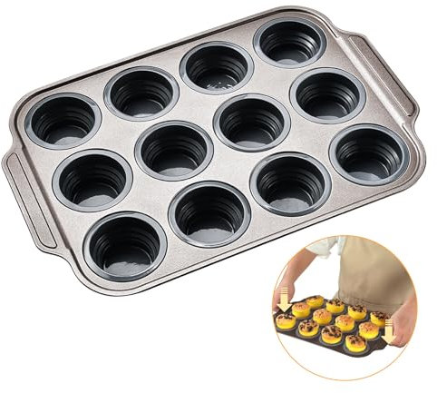 Foyucool Plegable Molde de Silicona para Magdalenas, Molde para 12 Magdalenas, Press to Release, Antiadherente Molde Muffins, Bandeja paraMuffins de Calidad Alimentaria, Molde para Tartas, Gris