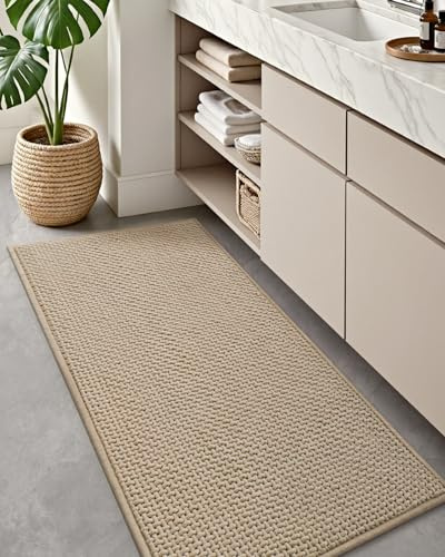 COLOR&GEOMETRY Ultraweicher Badteppiche rutschfest Waschbar, 60 x 150 cm Chenille Absorbierende Badvorleger Badezimmerteppich Schnelltrocknend, Beige Badematte für Badezimmer, Dusche, Badewanne