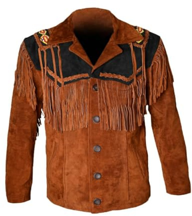 Rumble Products Chaqueta tradicional occidental para hombre, estilo vaquero, hecha a mano, piel de ante con cuentas de flecos, Marrón, Medium