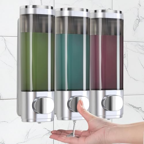 WPPQWP Seifenspender Wandbefestigung Ohne Bohren, (3 * 300ml) Duschgel Spender Wand, Shampoo Spender Für Dusche/Bad, Wandseifenspender Chrom(Sliver)