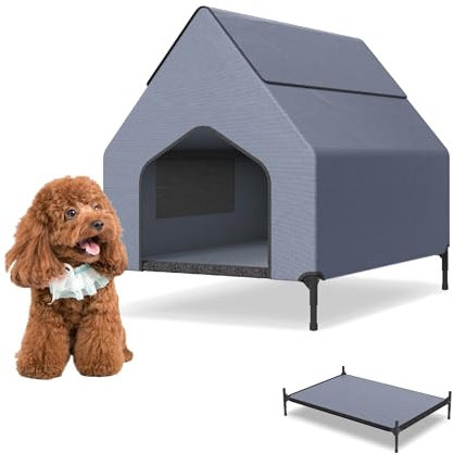 UISEBRT 2 in 1 Hundeliege überdacht & erhöhtes Hundebett mit abnehmbarem Deckel, Outdoor Hundezelt hundehütte für kleine und mittelgroße Hunde bis 40 kg, ideal für Garten, 91 x 65.5 x 86.5 cm
