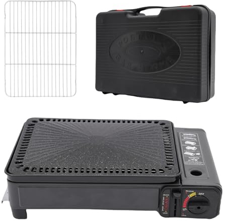 DAOHHFO Réchaud à gaz butane portable (avec mallette de transport, filet de barbecue, plaque de cuisson, pince alimentaire, pinceau, cadre, carter d'huile) - Idéal pour le camping, les voyages, le