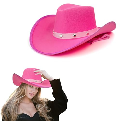 Lizzy 1 x Pink Cowboy Hat with Silver Studs and Cord (Adult) | Girls Wide Brim Wild West Western Sheriff Womens hat Halloween Cow Girl Hats Costume for Fancy Dress Accessories (1)