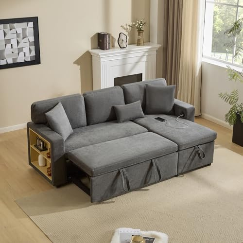 GigaXynium Corner Sofa Bett Eckcouch Couch L-Form Schlafcouch Ausziehbar, Bettkasten und integriertem Regal (Dunkelgrau)