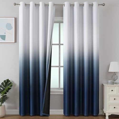 Estelar Textiler Ombre Blackout Curtains for Bedroom 102 Inch Long, Thermal Insulated Grommet Complete Room Darkening Gradient Drapes for Living Room, Navy Blue and Greyish White,52Wx102L,2 Panels