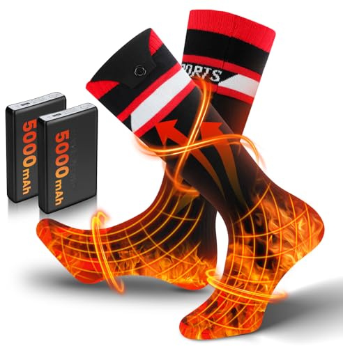 Batteriesocken Mit APP Wiederaufladbare Beheizte Socken, 5000mAh*2 extra große Batterie Lange Lebensdauer bis zu 65°C große Heizfläche, geeignet Männer Frauen (Schwarz und Rot)