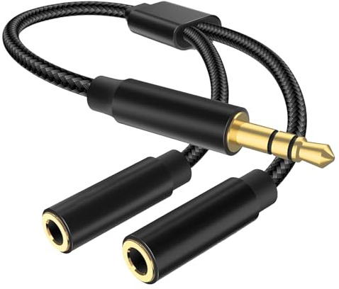 Headphone Splitter Cable 3.5mm Aux Splitter Adapter Nylon Braided Male to 2X Female Aux Extension Cord,headphone splitters 2 way,Compatible with Apple iPhone/iPod/iPad 23CM (Black)