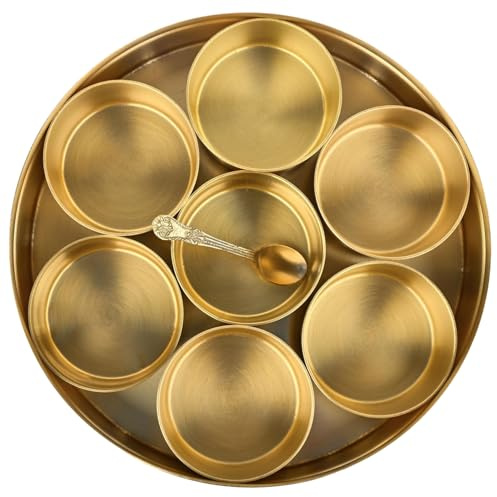 ANCIENTIMPEX Brass Spice Box (Masala Dabba) with 7 Bowls, Spoon & Lid - Traditional Indian Masala Daani for Kitchen, Spice Organizer & Storage Box (7 Inch)