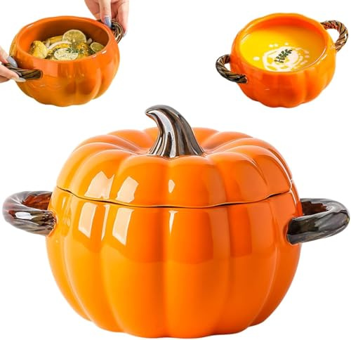 JuanNest Kürbis Holländischer Ofentopf, 0.4/0.8/1.7L Nicht-Stick-Keramik-Kürbis-Holländerofen Mit Deckel & Handle Sogar Heizküchentopf-Form, Halloween-Dekorationen, Kürbis Suppenschüssel A,Large