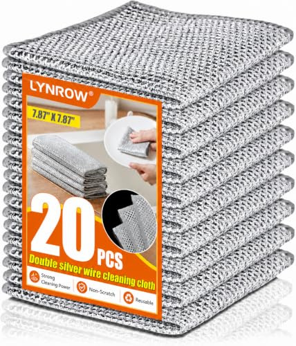 LYNROW 20 Pack Wire Wool Dish Cloths, Reusable Non Scratch Wire Dishwashing Cloths, Multipurpose Silver Cleaning Cloth for Kitchen, Pots, Pans, Sinks, Glass, Hob & Cookware, 20 x 20 cm