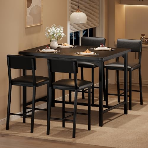 IDEALHOUSE Dining Table Set for 4, 5-Piece Kitchen Table Set w/Footrest & Corner Protector, Wood Counter Height Table with 4 Upholstered Bar Stools, for Dining Room, Kitchen, Rustic Black