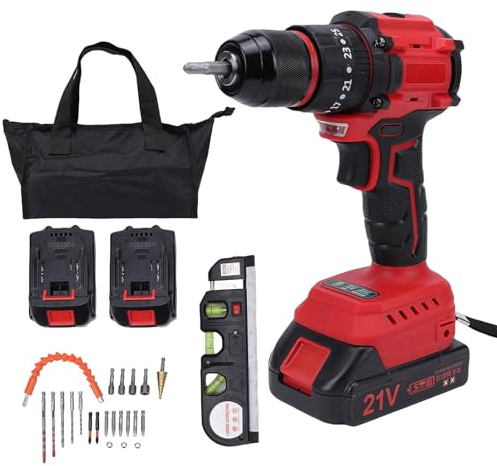 Fafeicy Taladro Atornillador Inalámbrico de 21 V, Taladro Percutor de 3 Modos con Portabrocas sin Llave, 2 Baterías de 1300 MAh y Cargador Rápido, para Proyectos de Madera, Metal y (Enchufe UE 230V)