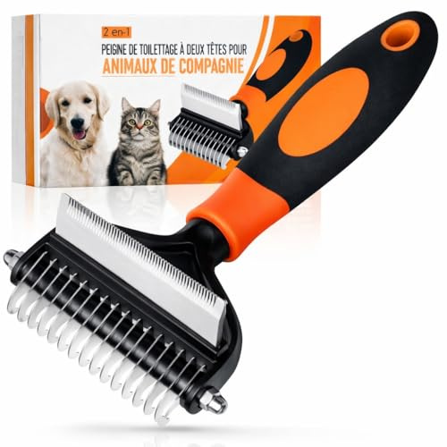Brosse Poils & Sous-Poil Chien et Chat - Toilettage 2-en-1 Anti-Nœuds - Idéale Poils Courts, Longs & Épais - Retire Poil Morts Sans Douleur - Qualité Professionnelle